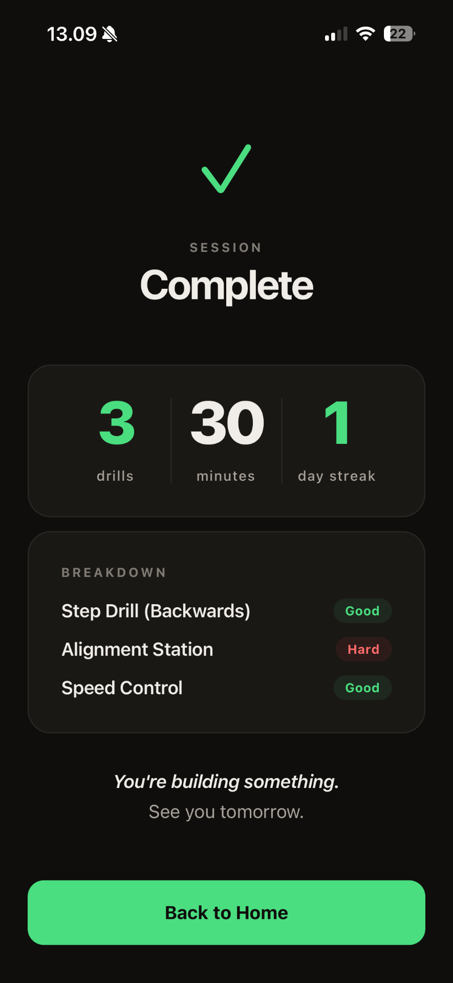 DIALLED session complete screen with drill breakdown