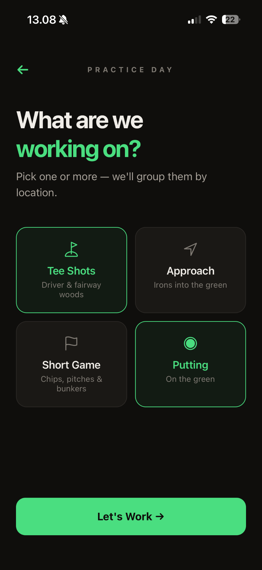 DIALLED practice day screen for choosing what to work on